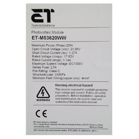 ET Solar ET-M53620 20w Monocrystalline Solar Panel